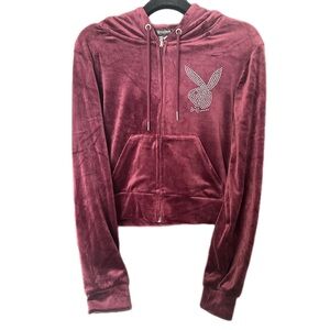 PLAYBOY Velour Zip Hoodie - Burgundy with Silver Accents